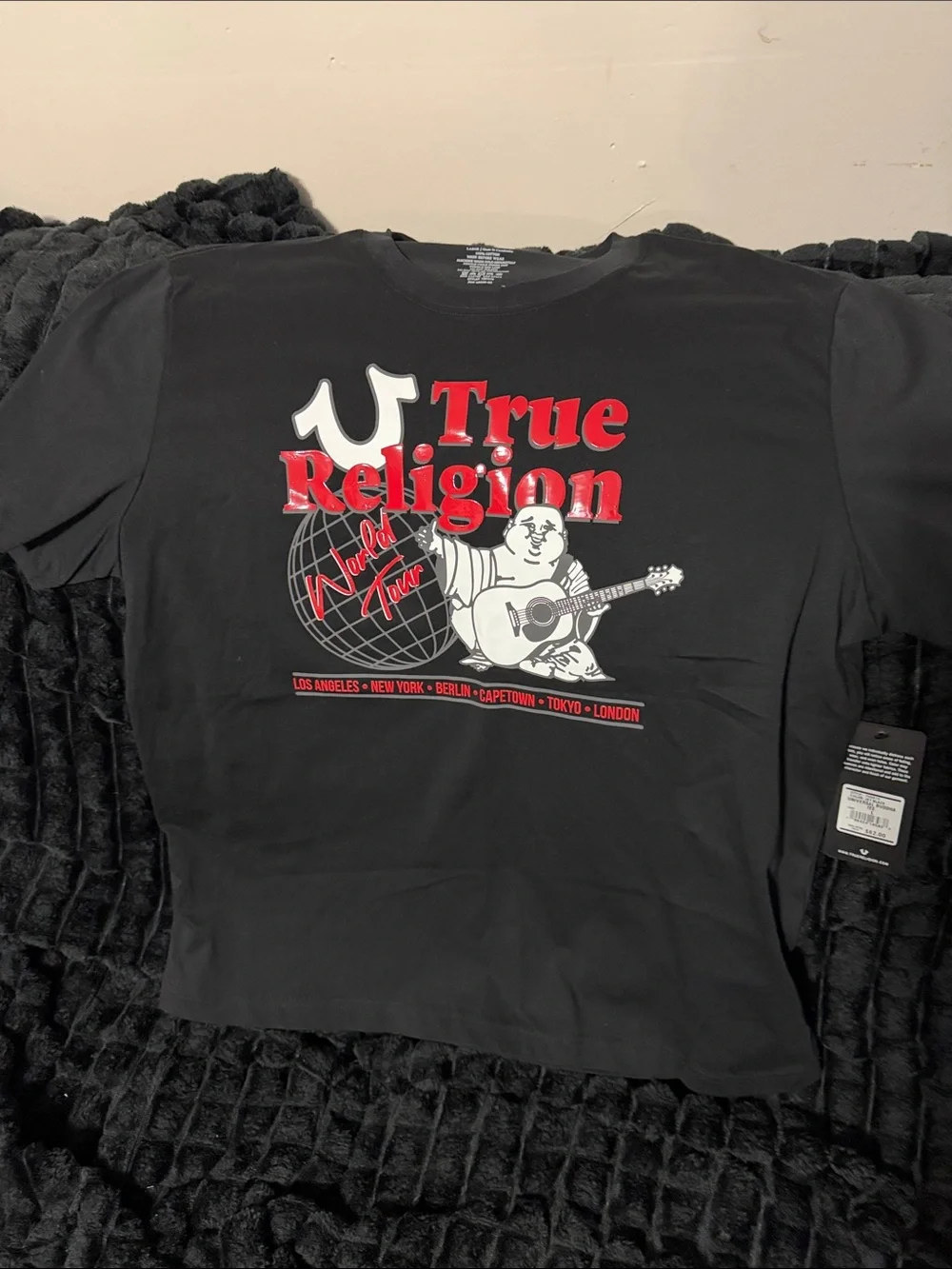 True Religion Black Tee with Red & White Logo Graphic